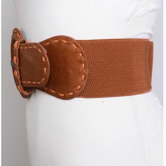 Distressed Wide Stitch Elastic Belt Western Boho Chic Style Camel Brown - Picture 2 of 3